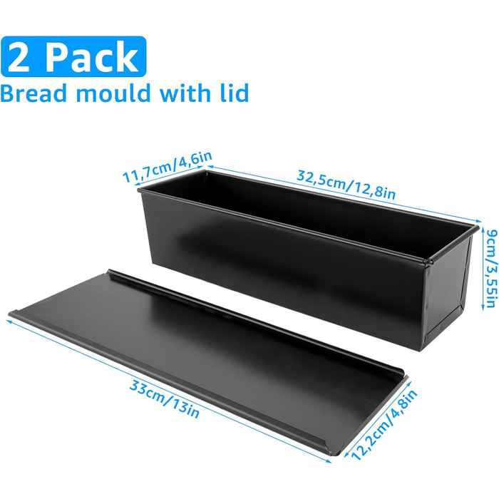 Набір з 2 прямокутних форм для випікання хліба 600 г із кришками, чорний MUXHEL