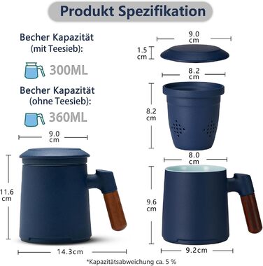 Чашка для чаю ZENS з кришкою та ситечком, керамічна кружка для розсипного чаю з дерев'яною ручкою 360 мл, чашки для заварювання чаю з матовою глазур'ю/темно-зелена (03-синя)