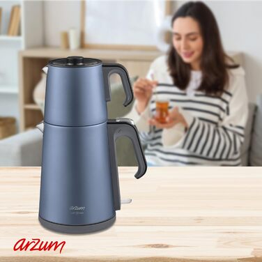 Електричний турецький чайник, 2200 Вт, чайник 3,5 л, скляний чайник 1,2 л, нержавіюча сталь, інтелектуальний контроль температури, захист від кипіння (39 см x 25 см x 20 см, колір Ocean Blue)
