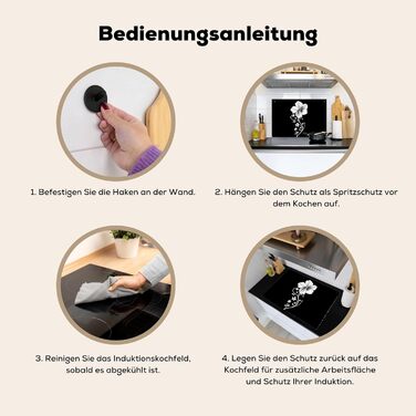 Фартух для плити, кухонний фартух, вініл, 78x52 см, декор для кухні, облицювання стіни, кришка для плити - сіро-чорна (квітка - чорна, 52Д x 71Ш см)