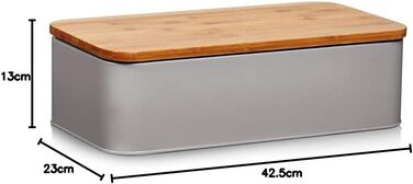 Хлібниця Zeller 25377 з бамбуковою кришкою, метал, матова, приблизно 42,5 x 23 x 13 см, хлібниця з вентиляційними отворами, для зберігання хліба, прямокутний контейнер для хліба, проста хлібниця в сучасному дизайні (сіро-коричневий, 42,5 x 23 x 13 см)