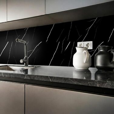 Стінові панелі IZODEKOR під мармур 60x120 см Панель для кухонного фартуха ПВХ-облицювання стін для кухні, ванної кімнати Бризкозахисний екран для кухні Водонепроникний та термостійкий ( панель, чорна блискавка)