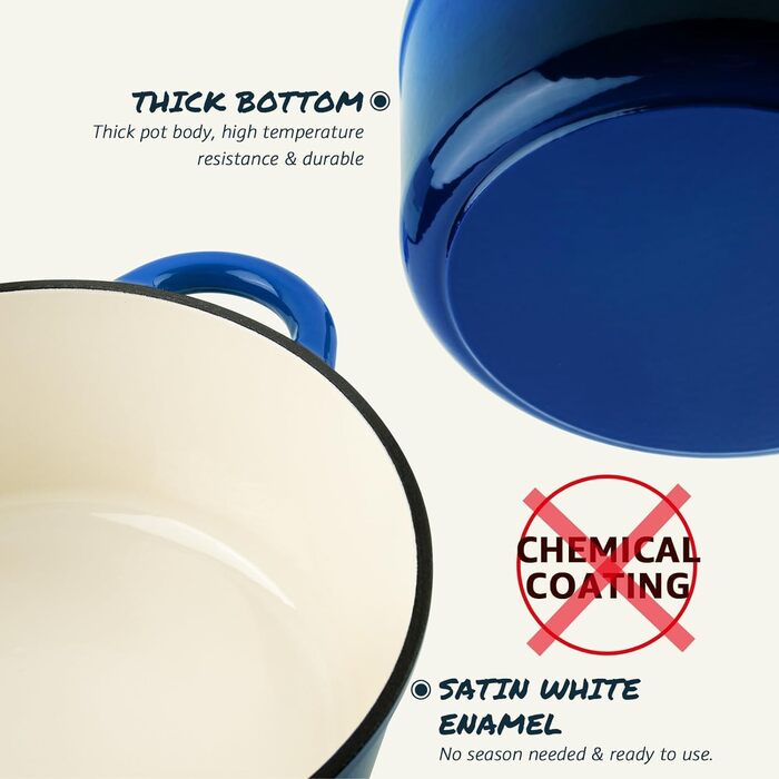 Чавунна форма для запікання Overmont Enamel - 26 см, придатна для використання в духовці, з кришкою та кулінарною книгою - для випікання, тушкування, запікання, білого кремового кольору (26 см-5,2 л, синього кольору)