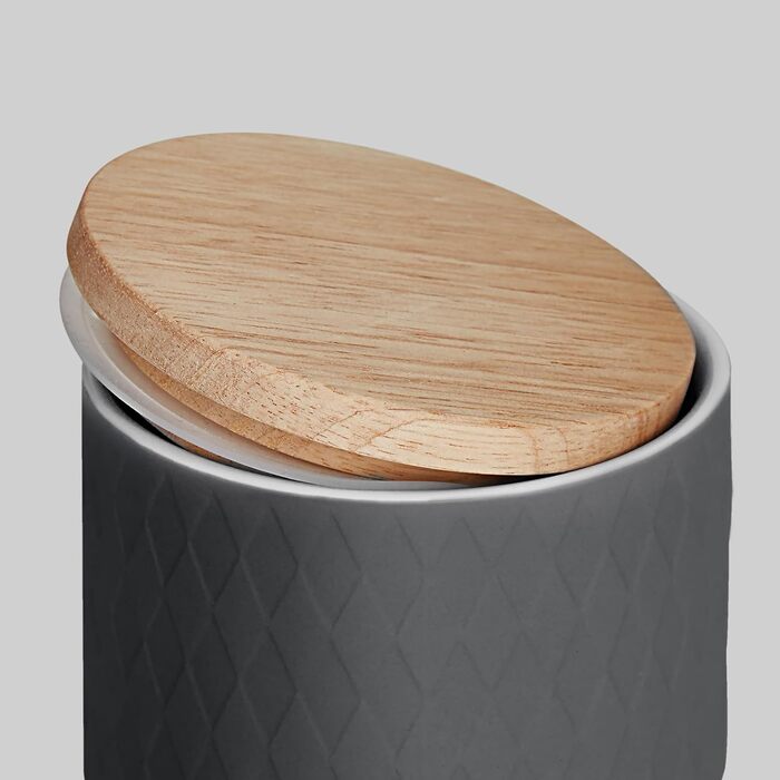 Керамічні банки для зберігання з дерев'яними кришками сірі, гумові дерев'яні кришки, ящики для зберігання, контейнери для зберігання харчових продуктів (10,1 x 18,3 см темно-сірі)