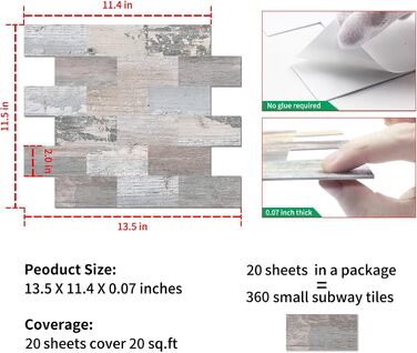 Штучна настінна плитка, самоклеюча панель для кухонного фартуха, тверда ПВХ плитка, клейка плитка для кухні та ванної кімнати (34 x 29 см) (20, рустикальний бейвуд)