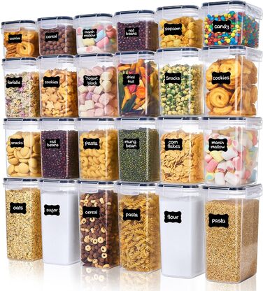 Набір банок для зберігання Vtopmart, насипні банки для мюслі та контейнери для зберігання харчових продуктів, пластикові банки для зберігання герметичні, набір із 24, 24 етикетки для зерна, борошна, цукру тощо SVM02034 ЄС