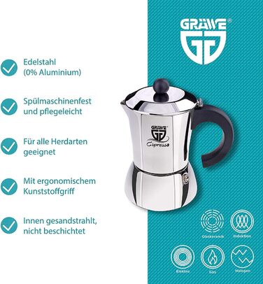 Кофеварка эспрессо 300 мл на 6 чашек, нержавеющая сталь GRÄWE